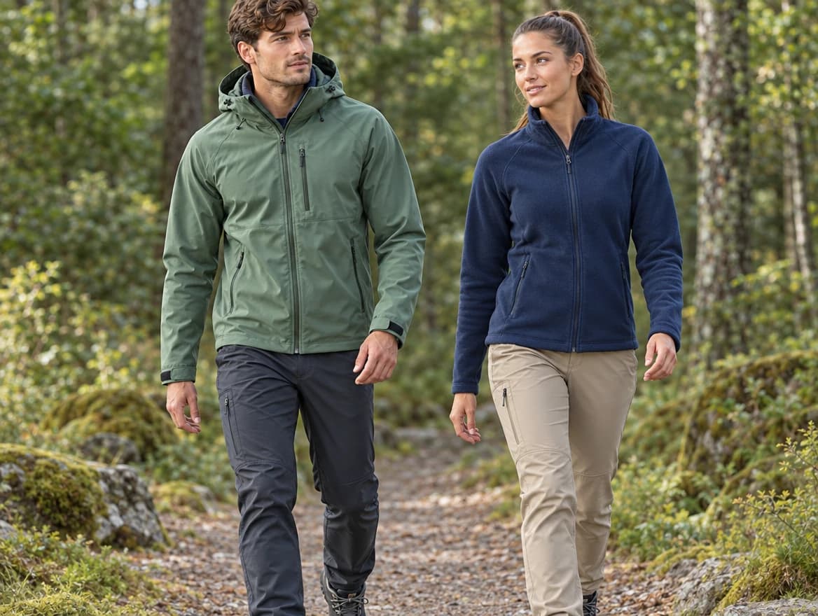 Two walkers on a woodland trail in a green hooded shell jacket with dark trousers and a navy zip fleece with sand trousers