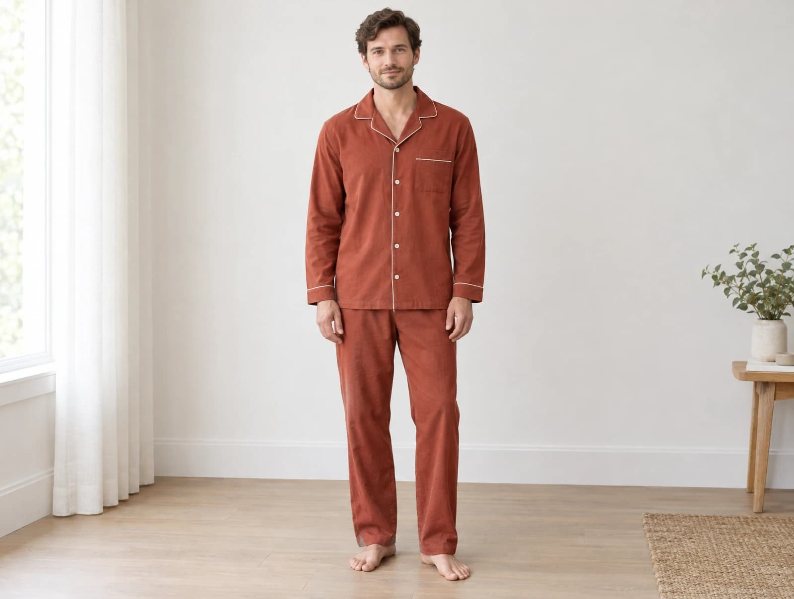 One adult standing in a bright bedroom wearing a rust long-sleeve button-front pajama set with contrast piping