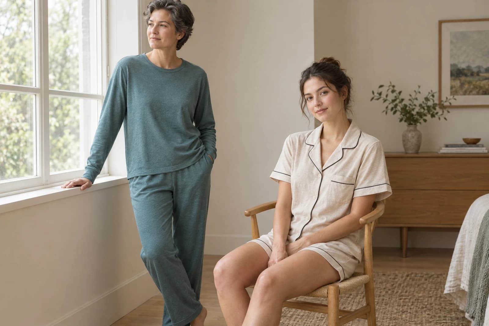 Two adults in a quiet interior wearing a teal knit lounge set and an oatmeal short-sleeve pajama set with contrast piping