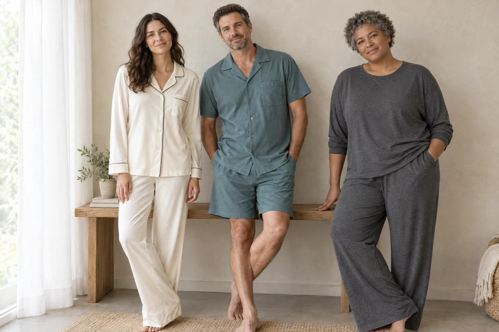 Three adults in a sunlit home interior wearing an unbranded ivory button-front pajama set with contrast piping, a teal short-sleeve sleep set, and a charcoal knit lounge set