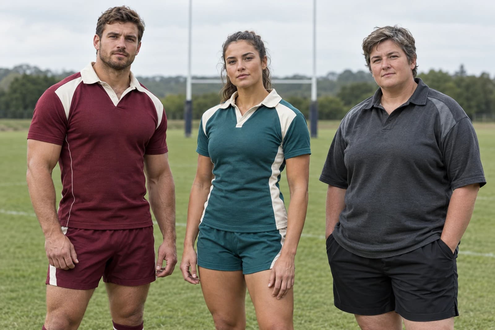 Three adults on a rugby pitch wearing unbranded maroon and forest green short-sleeve rugby jerseys with contrast collars and shoulder panels, plus a charcoal training jersey