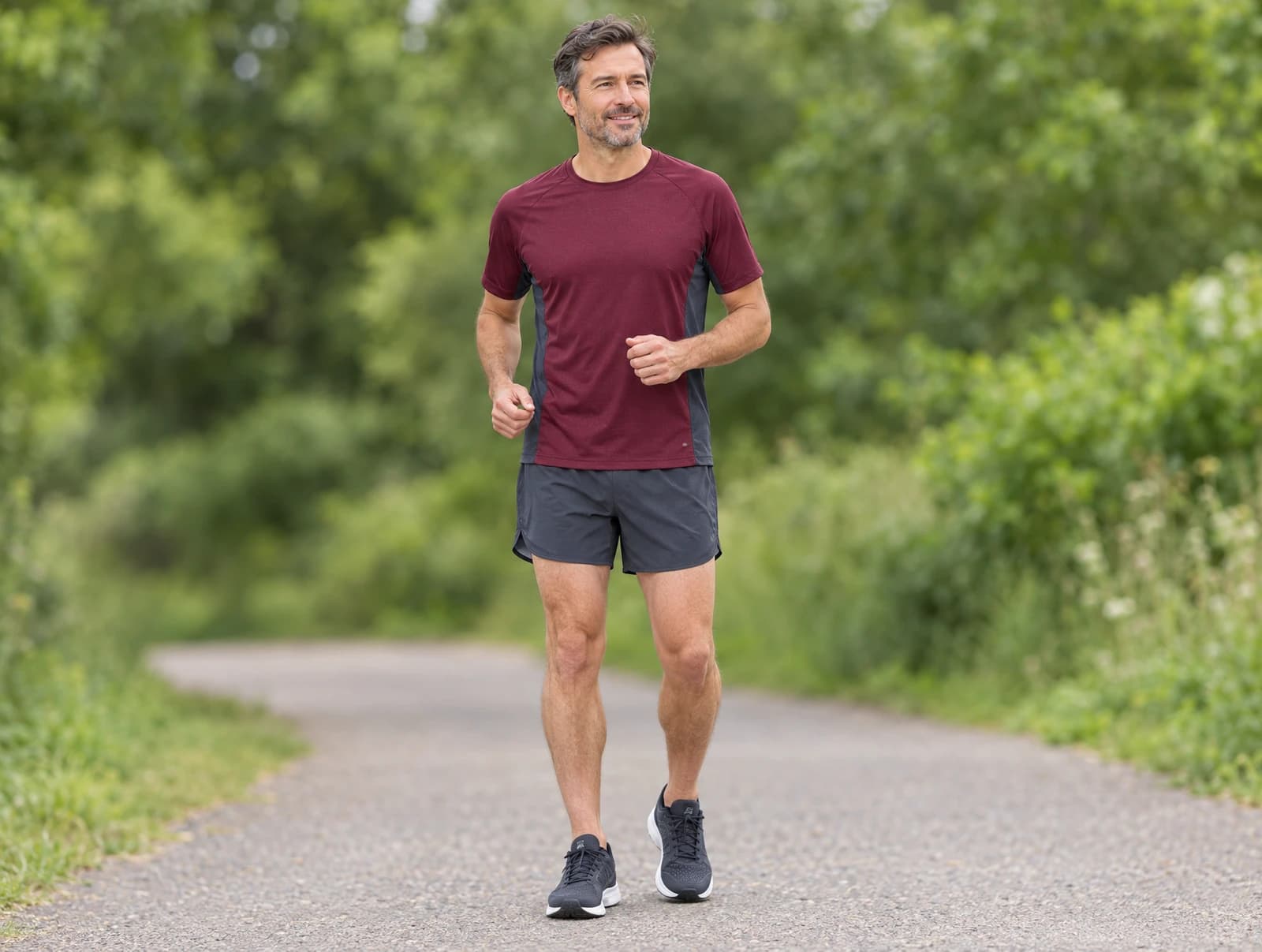 One adult jogging on a park path in a burgundy running tee with charcoal side panels and dark running shorts