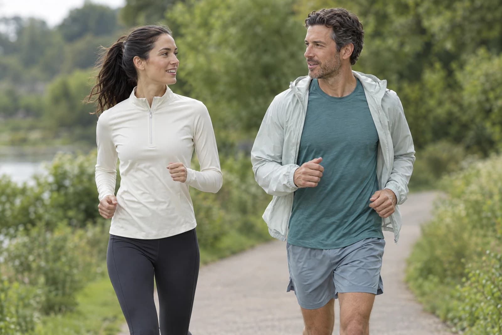Two adults jogging along a tree-lined path, one in a cream long-sleeve half-zip running top with leggings and one in a light hooded running jacket over a teal tee