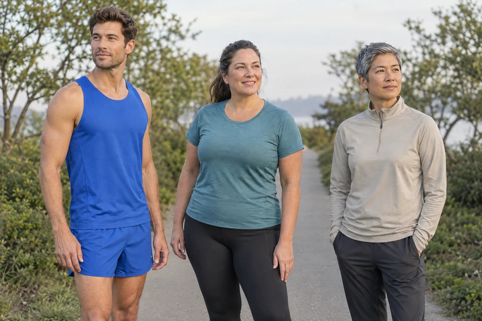 Three adults on a coastal running trail wearing an unbranded blue running singlet with split shorts, a teal running tee with black leggings, and a stone quarter-zip running top with track pants