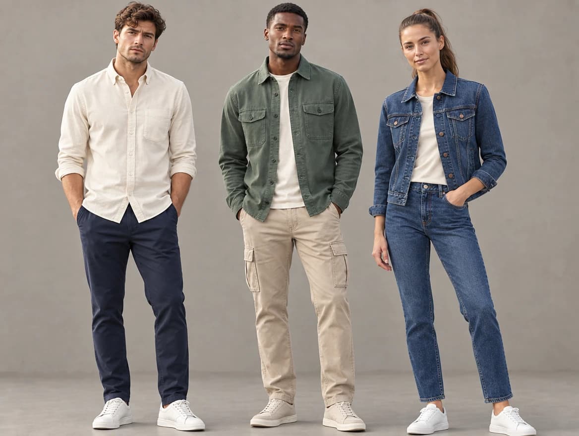 Three adults in a cream shirt with navy trousers, a green overshirt with sand cargo trousers, and a denim jacket with jeans