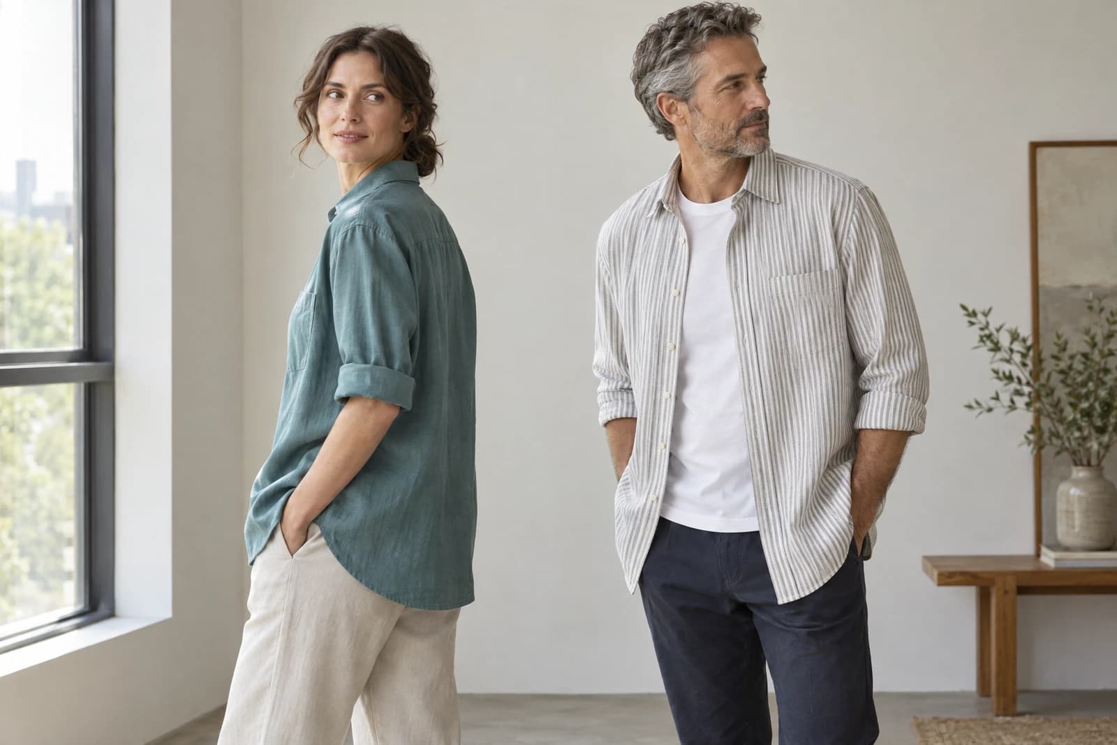 Two adults in a bright interior wearing a teal shirt with rolled sleeves and a grey pinstripe shirt worn open over a plain tee