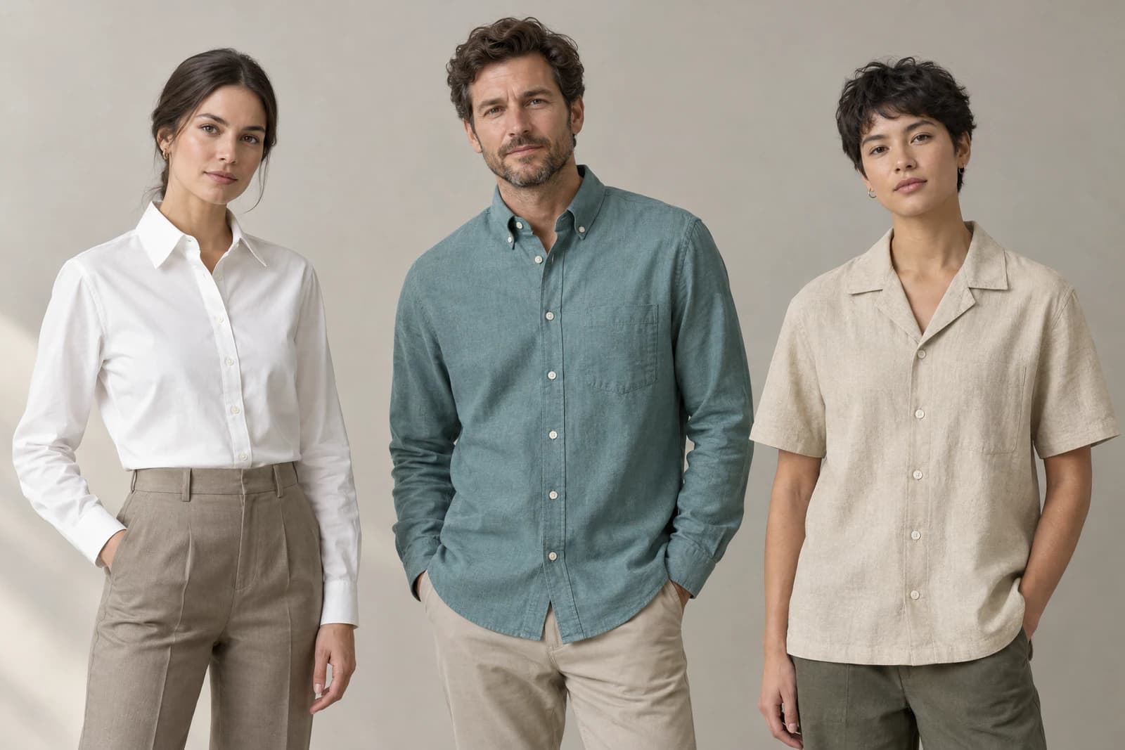 Three adults in a studio wearing an unbranded white tucked formal shirt, a sage button-down shirt with a chest pocket worn untucked, and an oatmeal short-sleeve camp-collar shirt