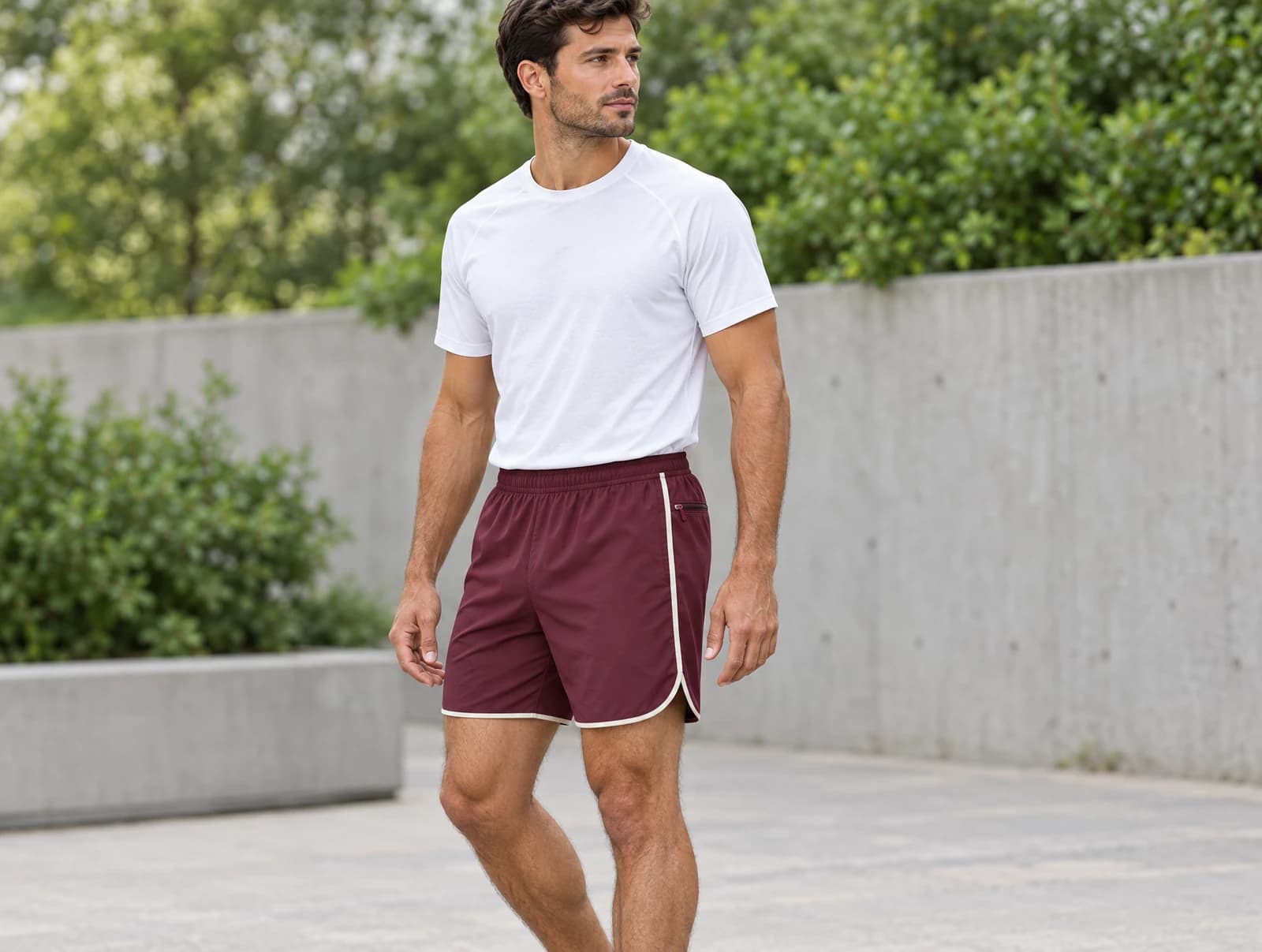 One adult framed from the torso to below the knees in a park, wearing burgundy athletic shorts with white piping and a wide elastic waistband
