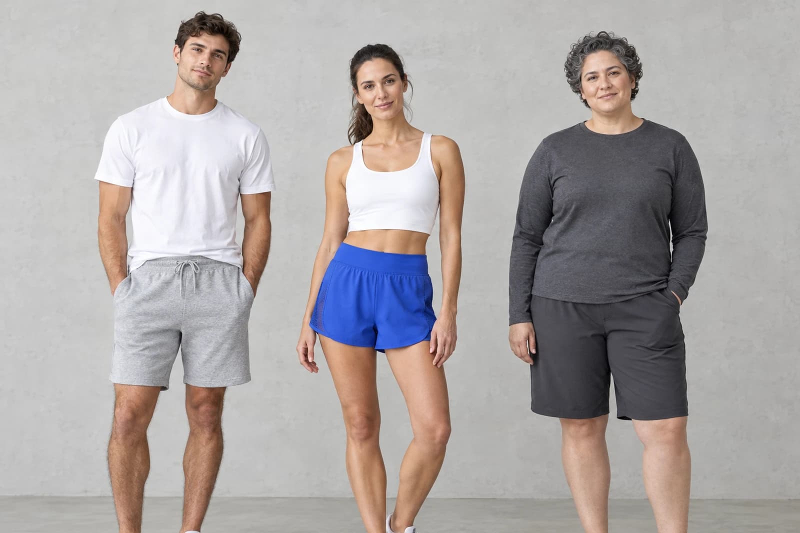 Three adults in a studio wearing unbranded heather grey sweat shorts, royal blue lightweight athletic shorts, and charcoal knee-length athletic shorts
