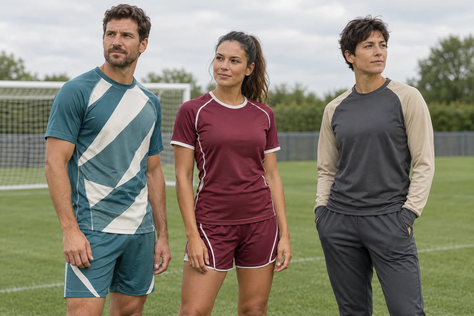Three adults standing on a grass soccer training pitch wearing an unbranded teal and ivory short-sleeve soccer jersey with matching shorts, a burgundy soccer jersey and shorts with ivory piping, and a charcoal long-sleeve training top with sand raglan sleeves