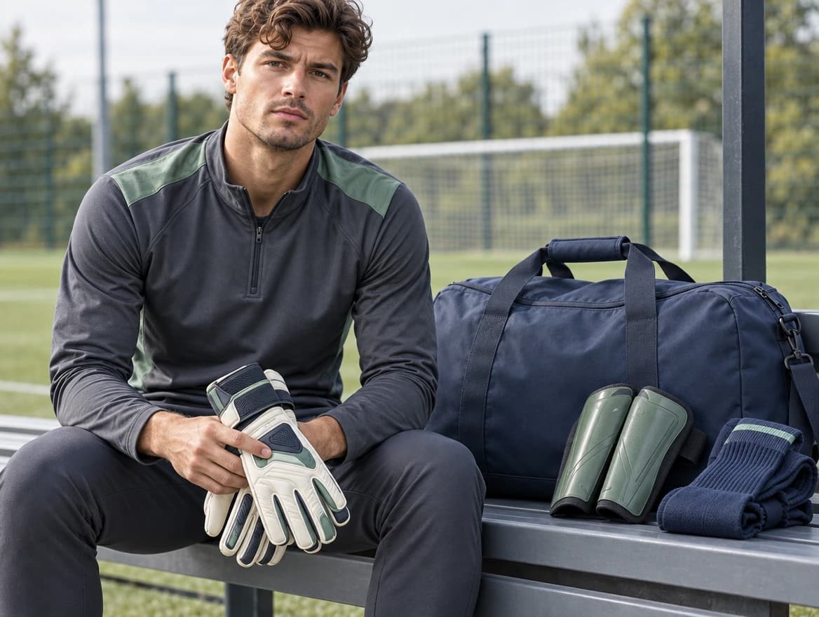 A seated man in a charcoal quarter-zip top with goalkeeper gloves, a navy kit bag and green shin guards on a bench