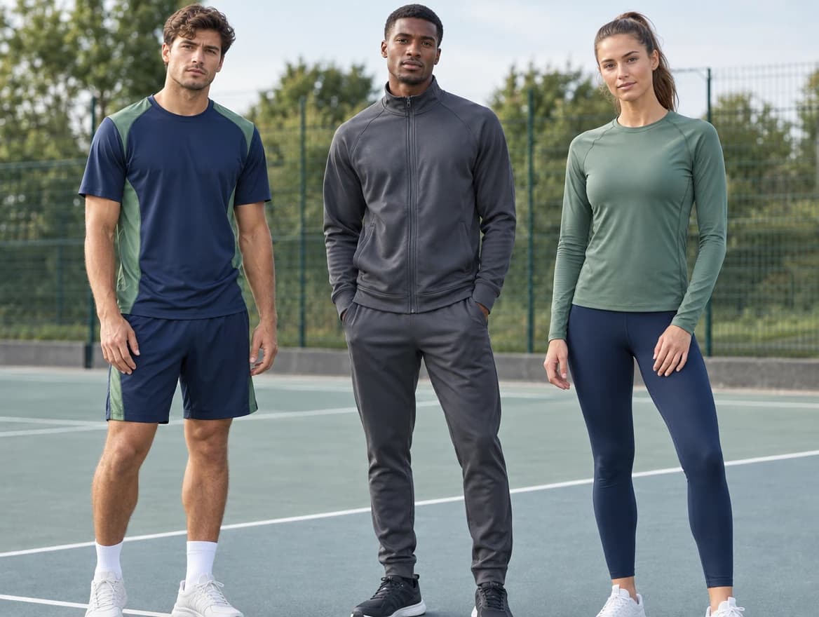 Three adults on a tennis court in a navy and green panelled training top with shorts, a charcoal zip track jacket with trousers, and a green long-sleeve top with navy leggings