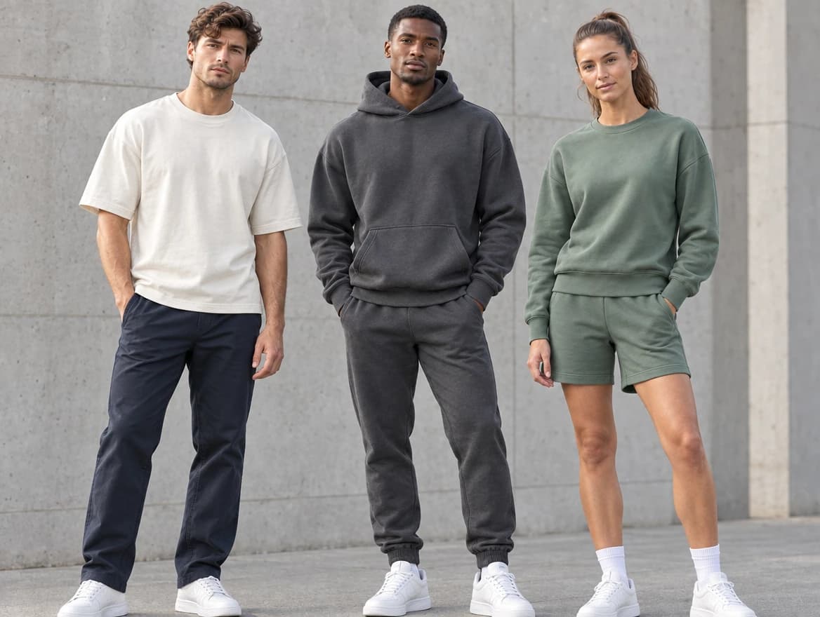 Three adults beside a concrete wall in an off-white boxy T-shirt with dark trousers, a charcoal hoodie with joggers, and a green sweatshirt with sweat shorts