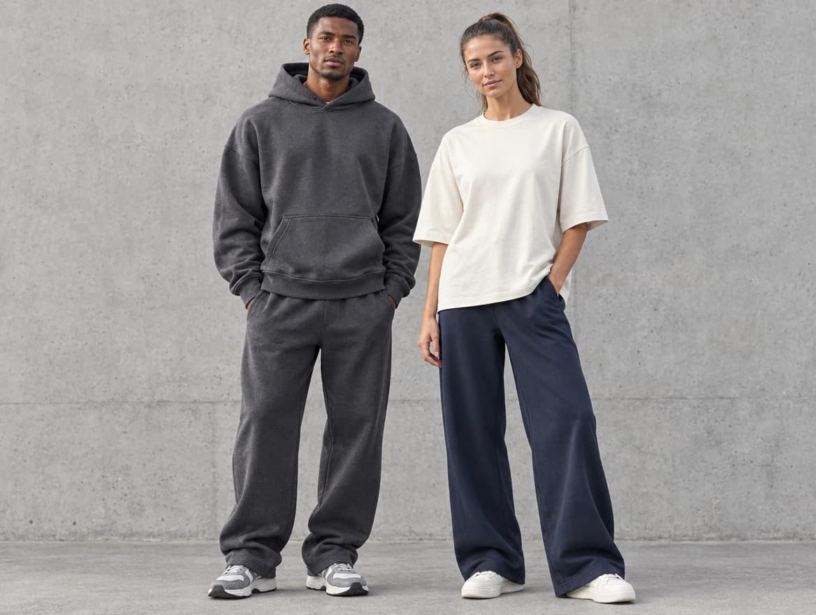 Two adults beside a concrete wall, one in a charcoal hoodie with joggers and one in an oversized off-white T-shirt with wide navy trousers
