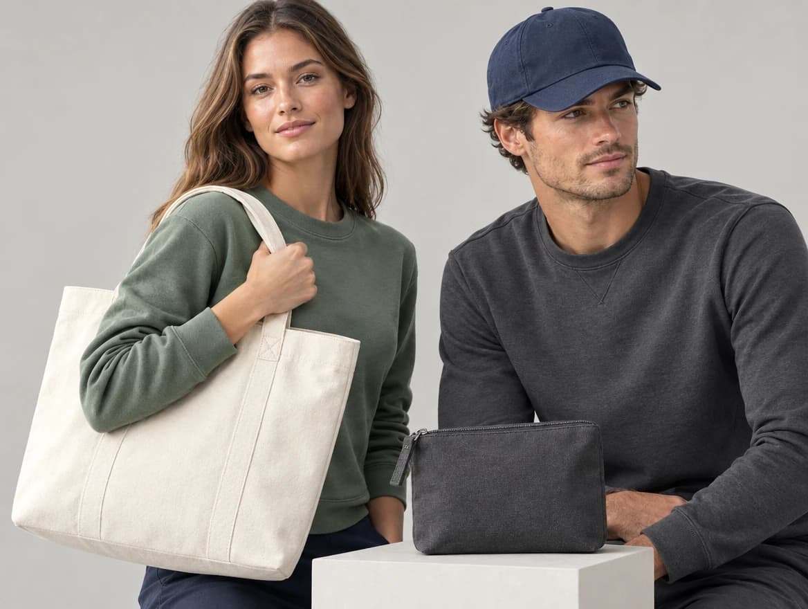 A woman holding a cream canvas tote bag beside a man in a navy cap, with a charcoal zip pouch on a plinth