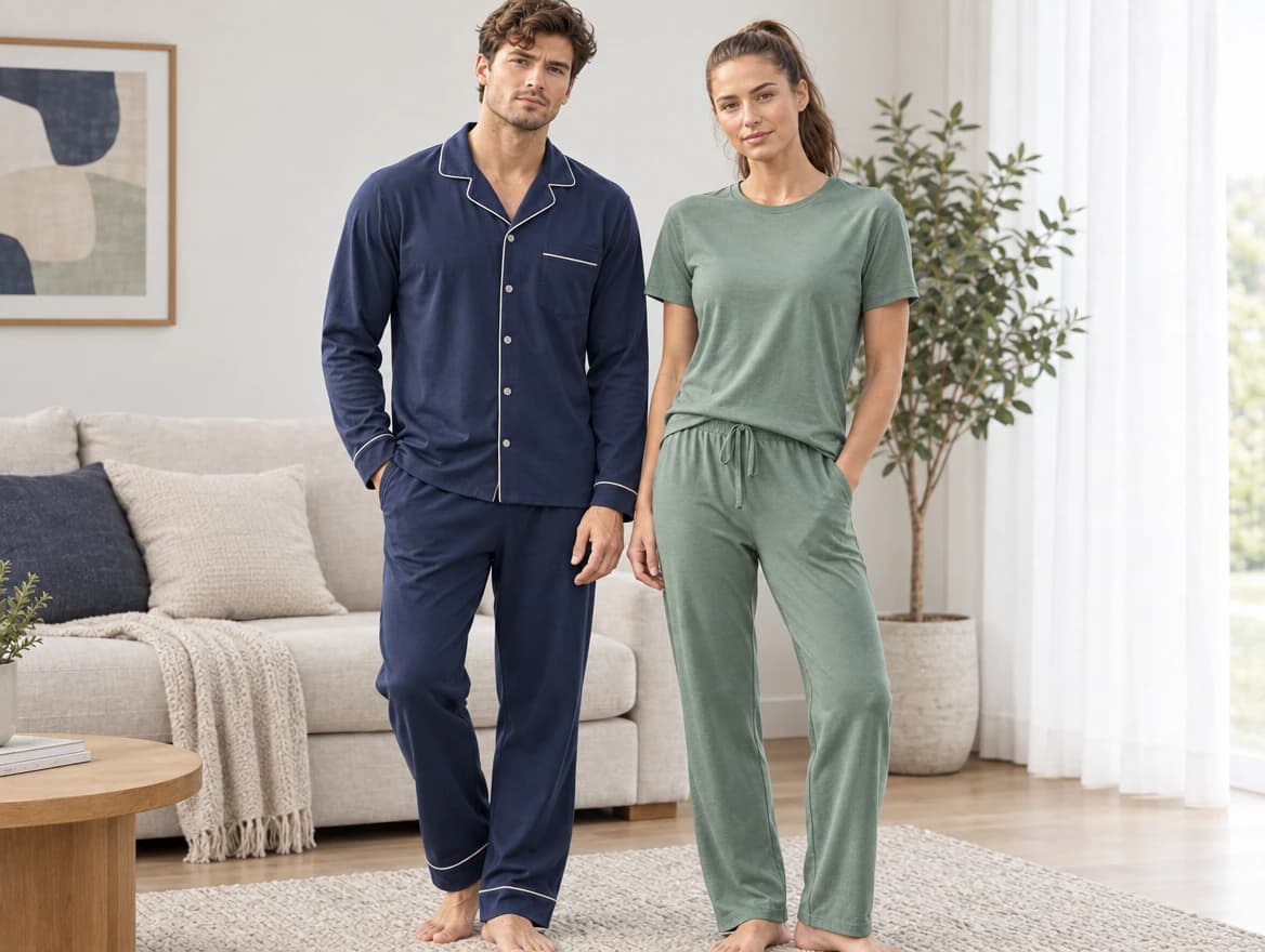 Two adults in a living room in a navy piped pyjama set and a green short-sleeve top with matching lounge trousers