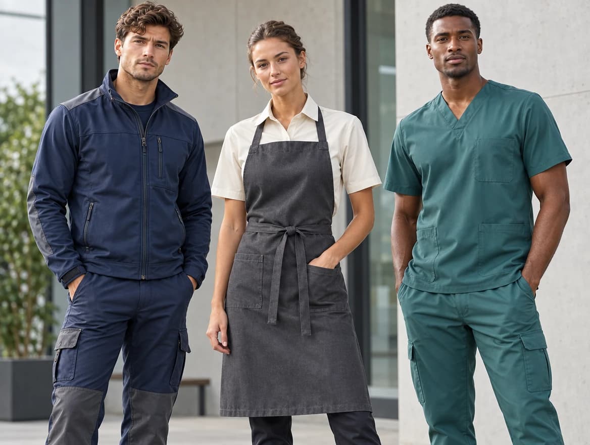 Three adults in a navy work jacket with utility trousers, a cream shirt with a charcoal apron, and a teal scrub top with trousers