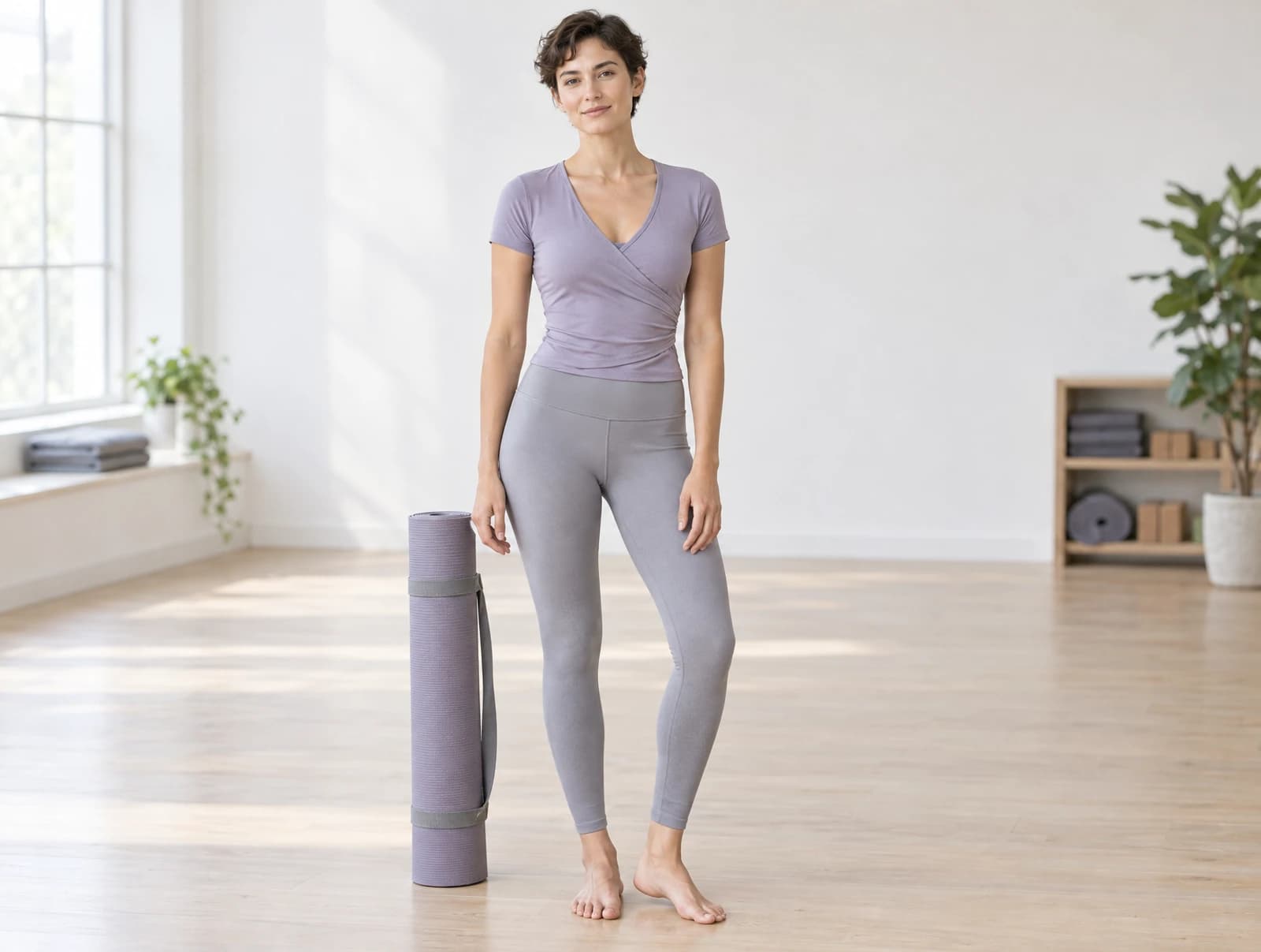 One adult standing beside a rolled mat in a yoga studio wearing a lavender wrap-front yoga top and light grey high-waisted leggings
