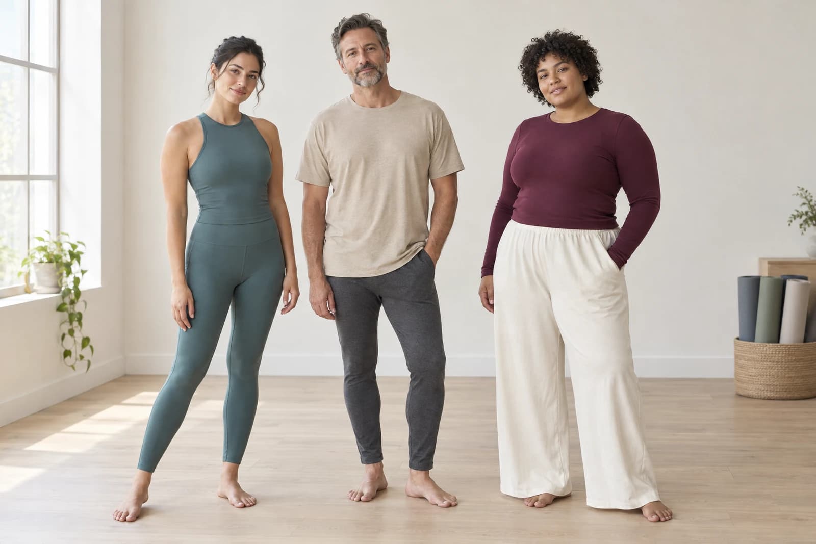 Three adults in a bright yoga studio wearing an unbranded teal fitted yoga set, a sand top with charcoal leggings, and a plum long-sleeve top with cream wide-leg trousers