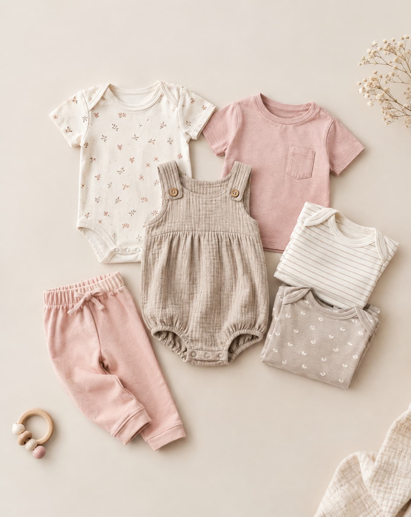 Children's rompers and a tee flat laid, with blank neck labels and snap fastenings