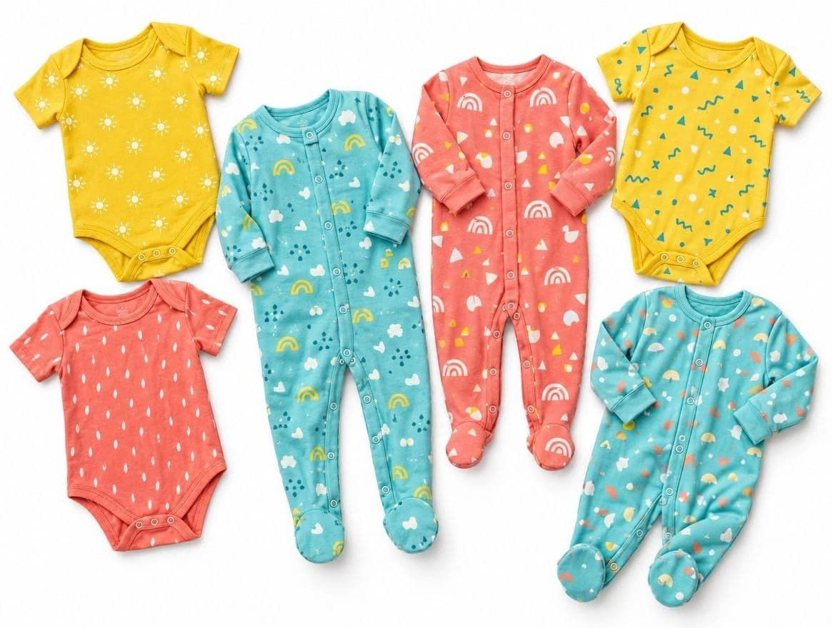 Baby bodysuits and footed sleepers in yellow, coral and aqua with printed patterns