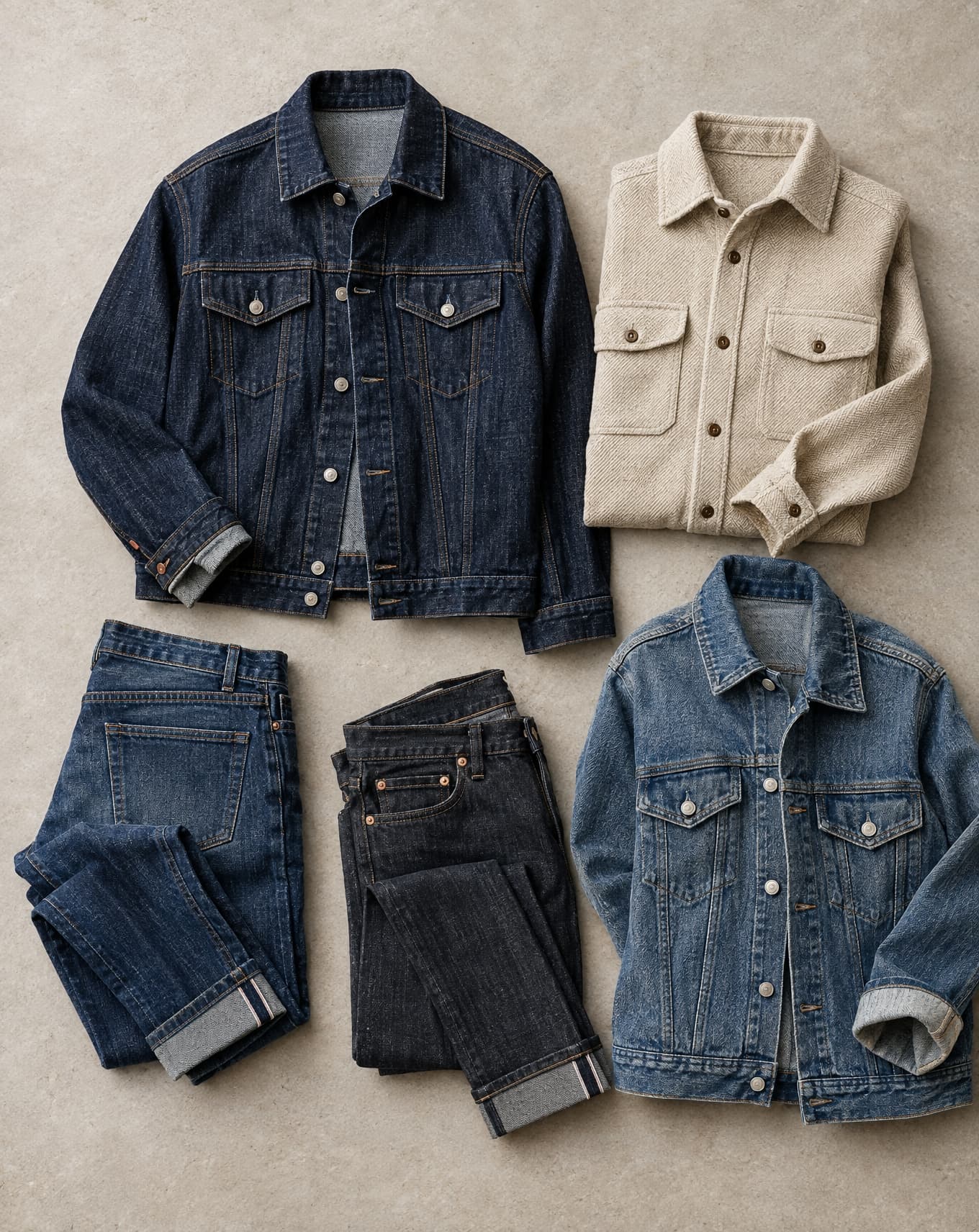 Denim jeans and a woven overshirt, showing wash and hardware detail