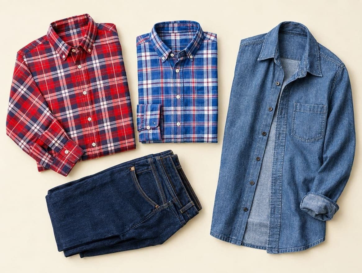 Checked woven shirts, a chambray overshirt and folded indigo denim jeans