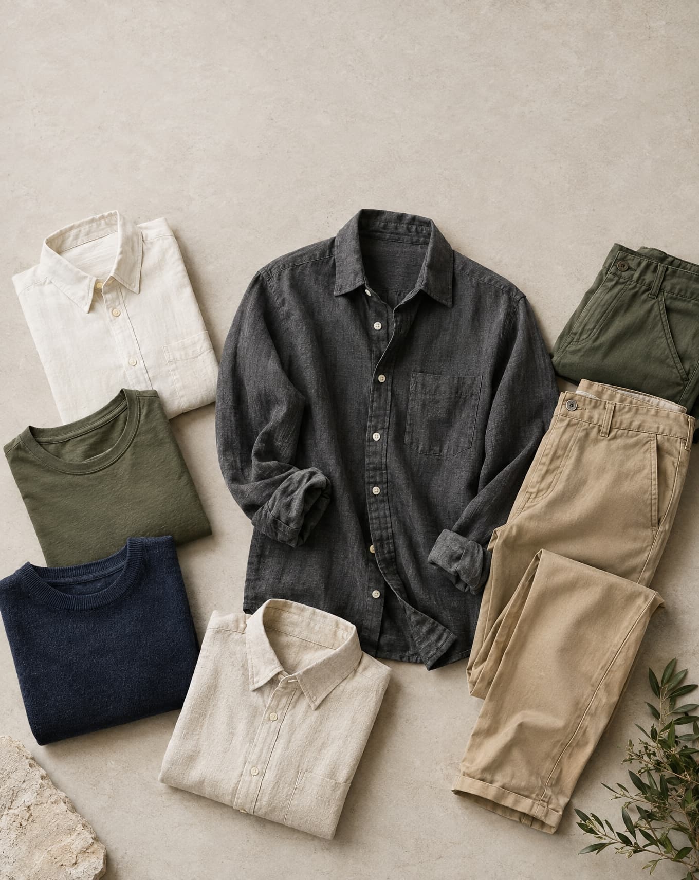 Three cotton tee shirts in white, charcoal and clay, showing neck and stitch construction