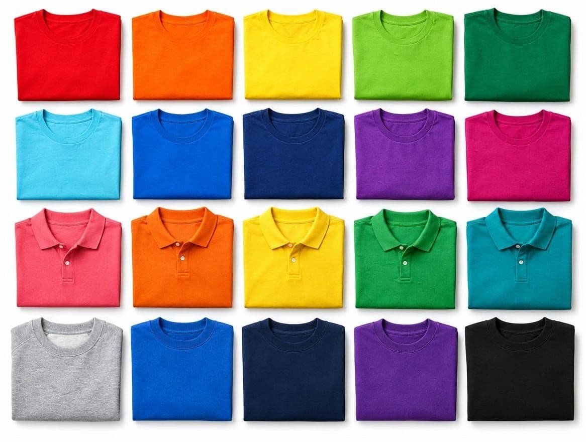 Twenty folded tees, polos and sweatshirts in a rainbow of colours, arranged in rows