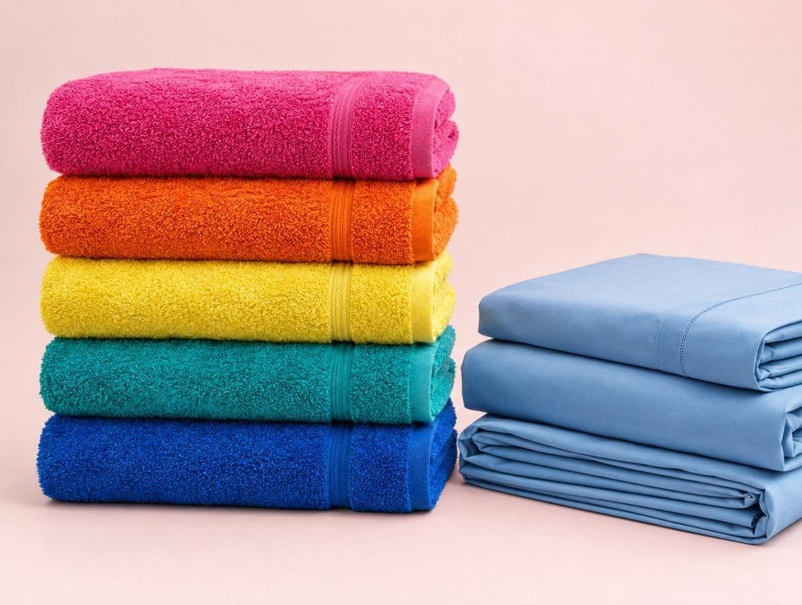 A stack of terry towels in five bright colours beside folded pale blue bed linen