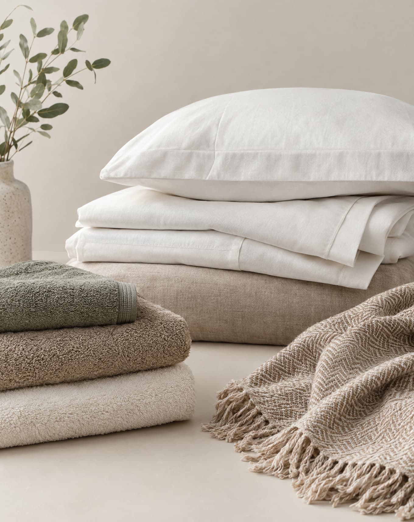 A stack of terry towels in five colourways, showing weave and edge finishing