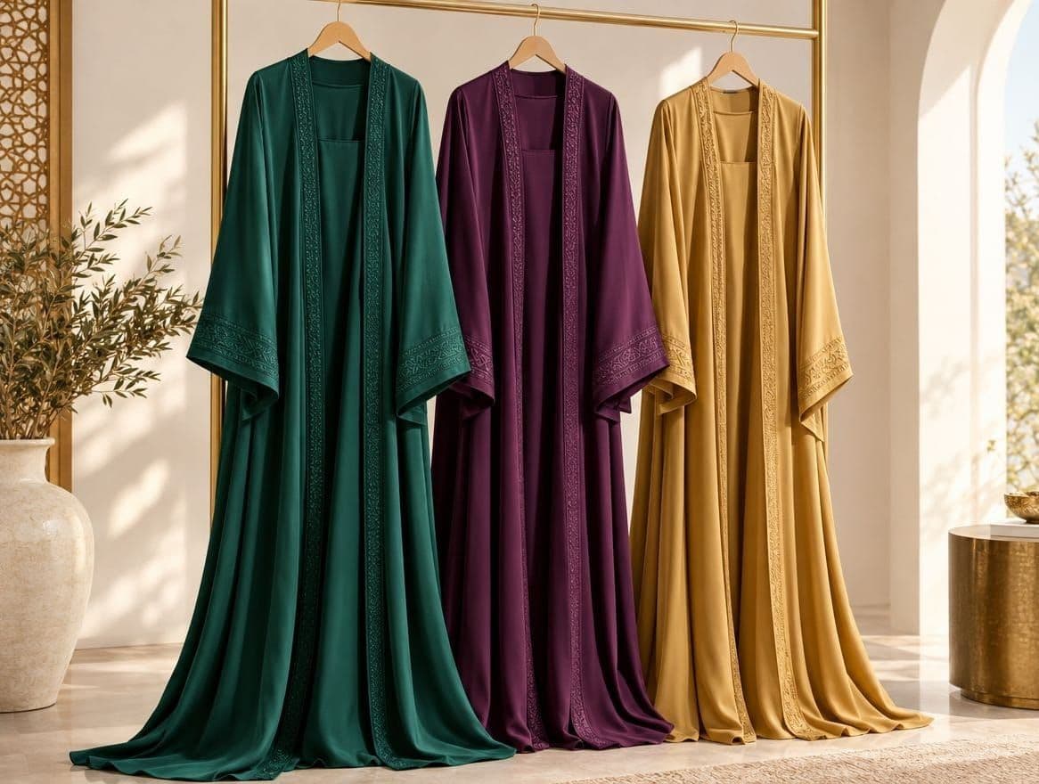 Three long abayas in emerald, plum and gold hanging together with embroidered trim