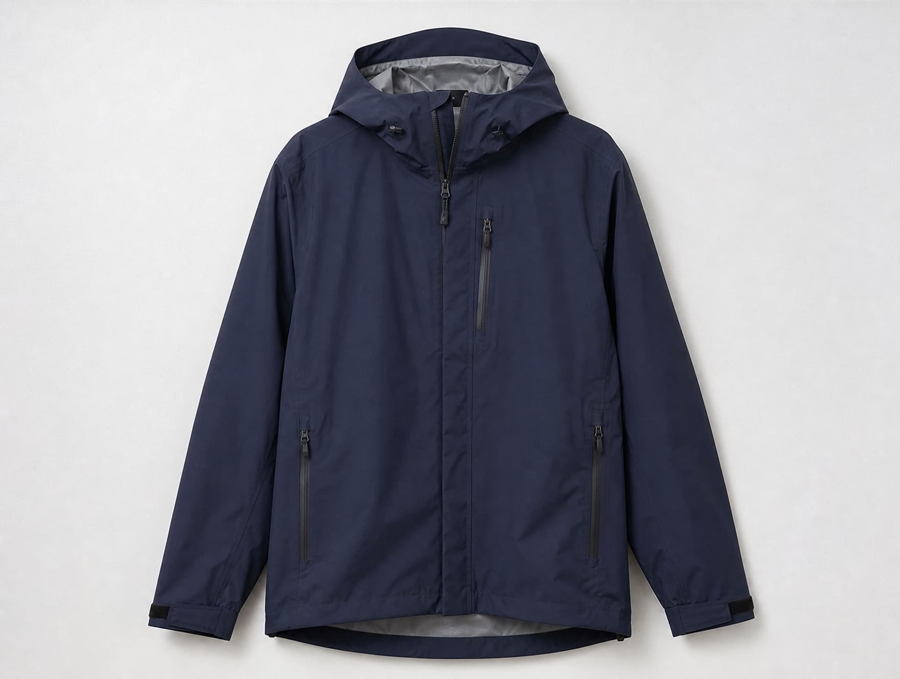 A lightweight technical shell jacket showing seam and zip construction