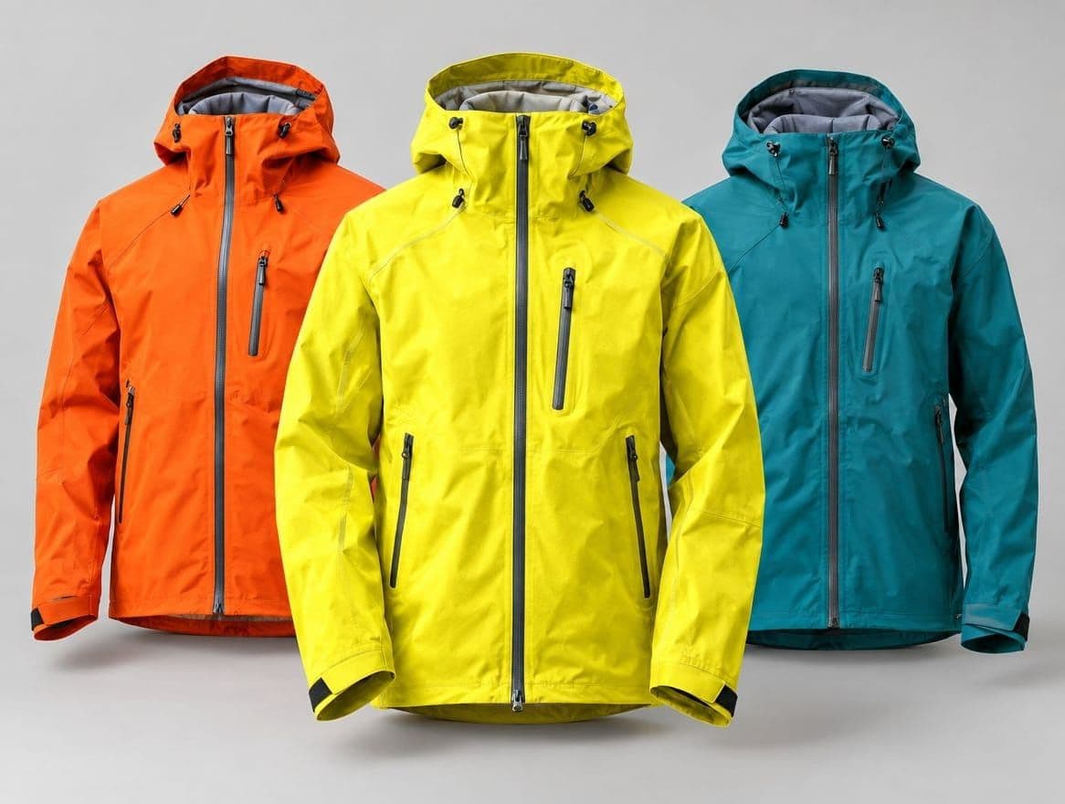 Three technical shell jackets with taped seams in orange, yellow and teal