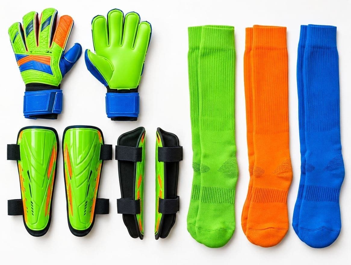 Goalkeeper gloves, shin guards and socks in neon green, orange and blue