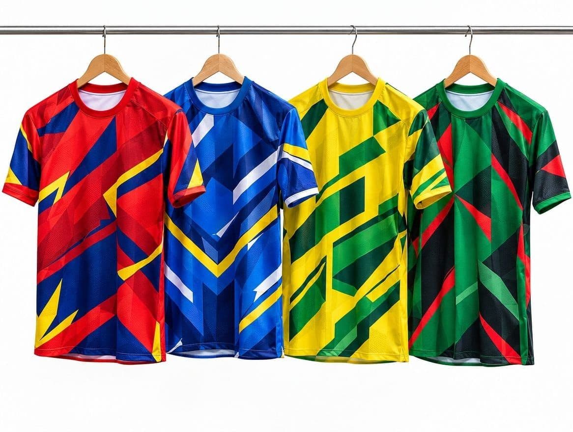 Four geometric sublimated football jerseys in red, blue, yellow and green hung side by side