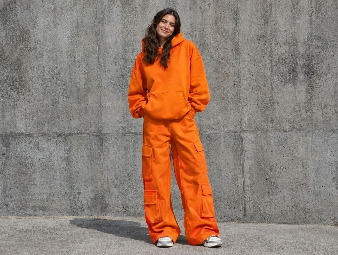 A model in an oversized orange hoodie standing against a bare concrete wall