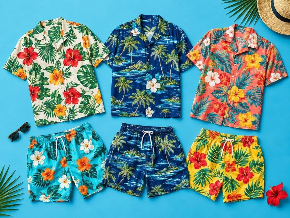 Tropical print resort shirts and matching swim shorts laid flat on a blue backdrop