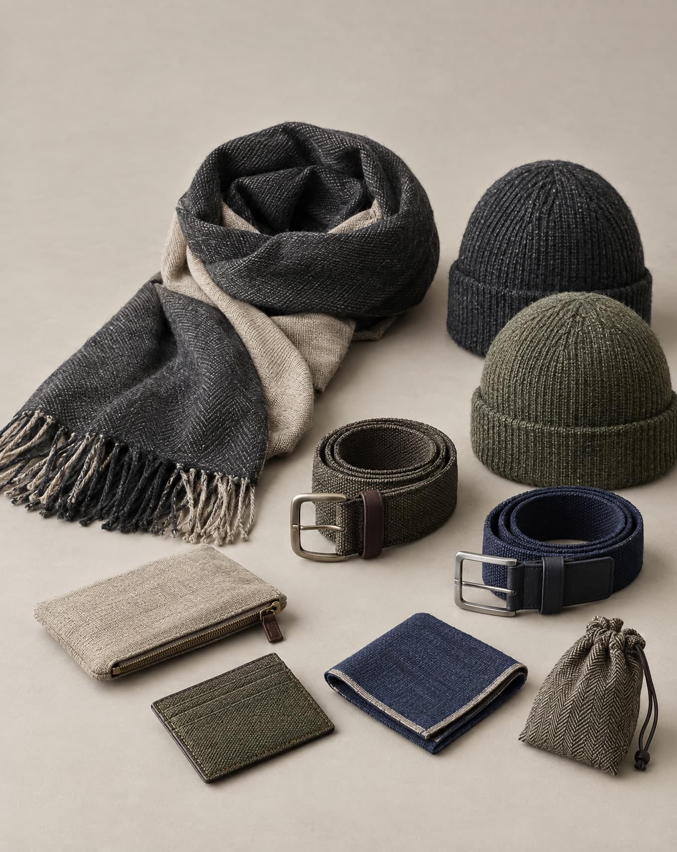 Canvas tote bags, a cap and a pouch, grouped together