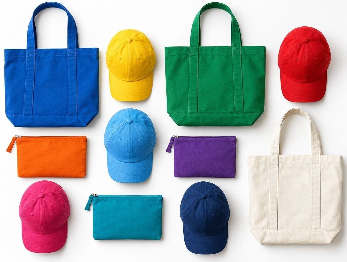 Canvas tote bags, caps and zip pouches in bright colours grouped together