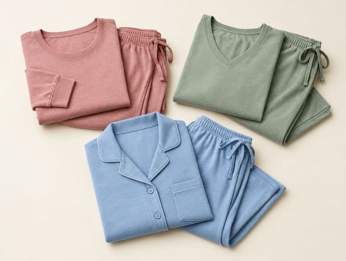 Folded loungewear sets in dusty rose, sage and sky blue knitted fabric