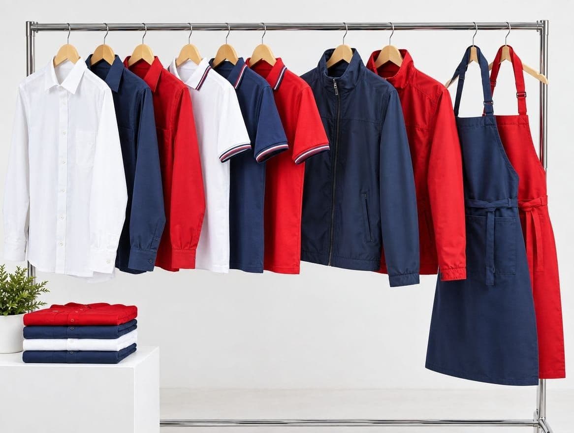 A rack of red, navy and white shirts, polos, jackets and aprons on hangers