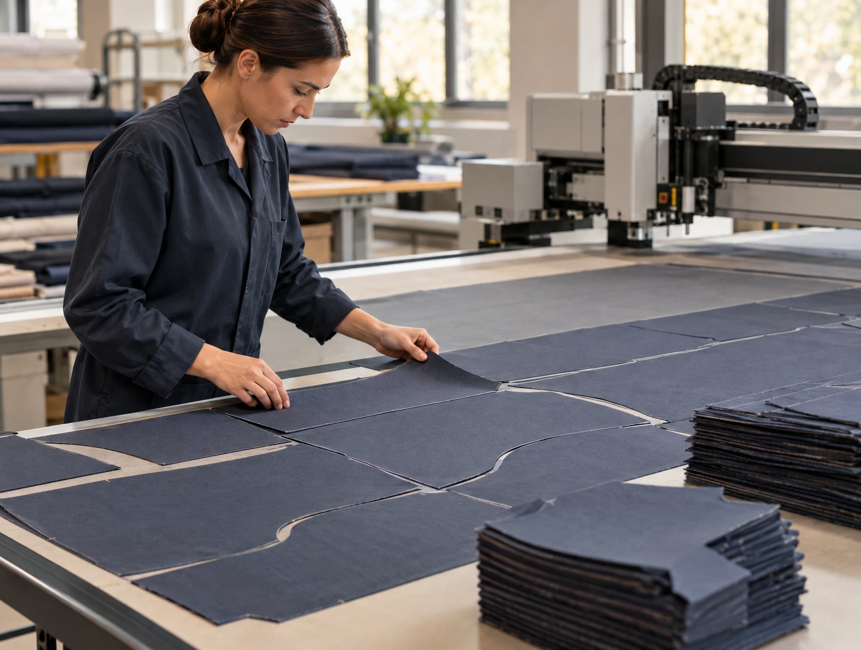 Cut fabric panels being measured against the pattern