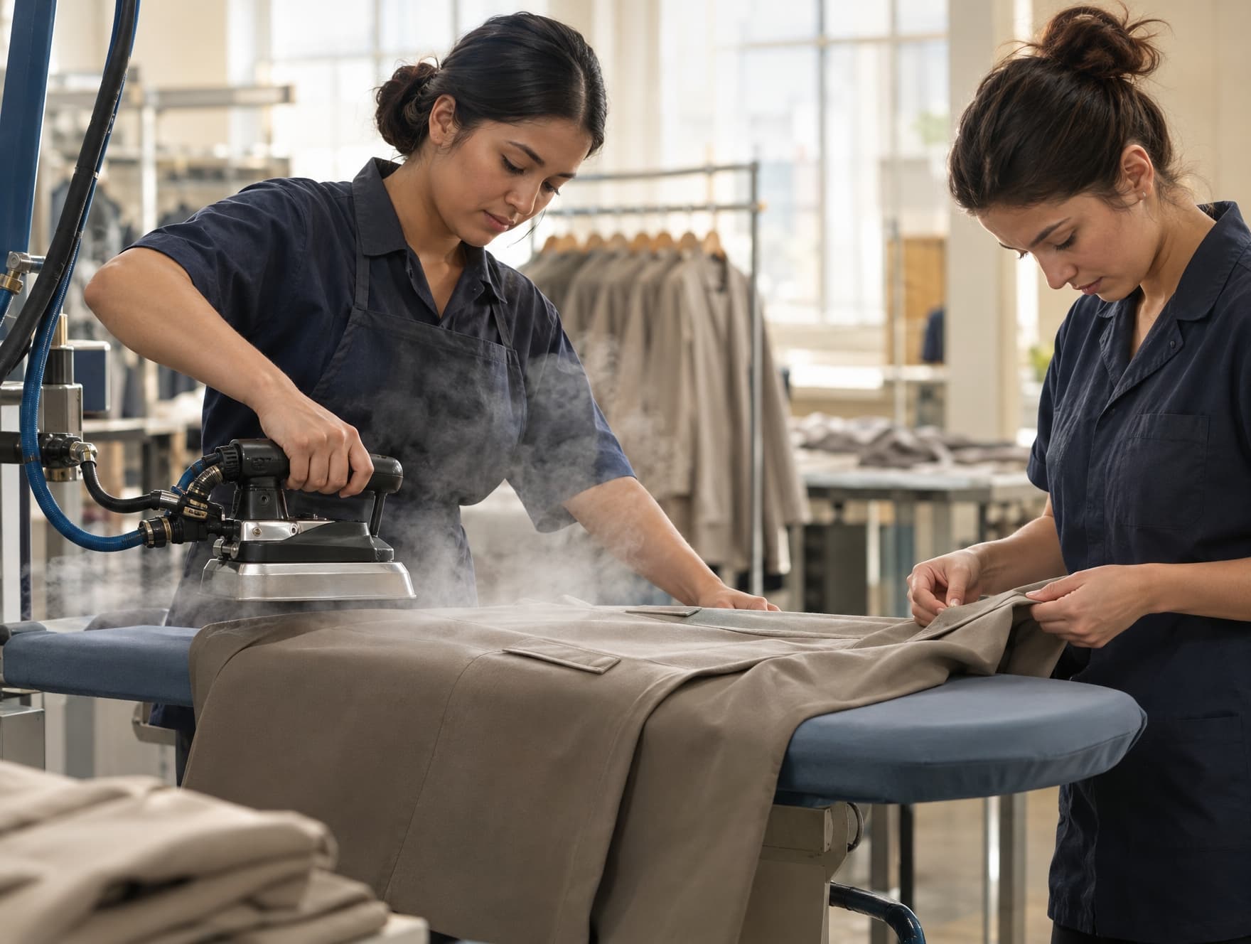 A finished garment being pressed and checked at a finishing station