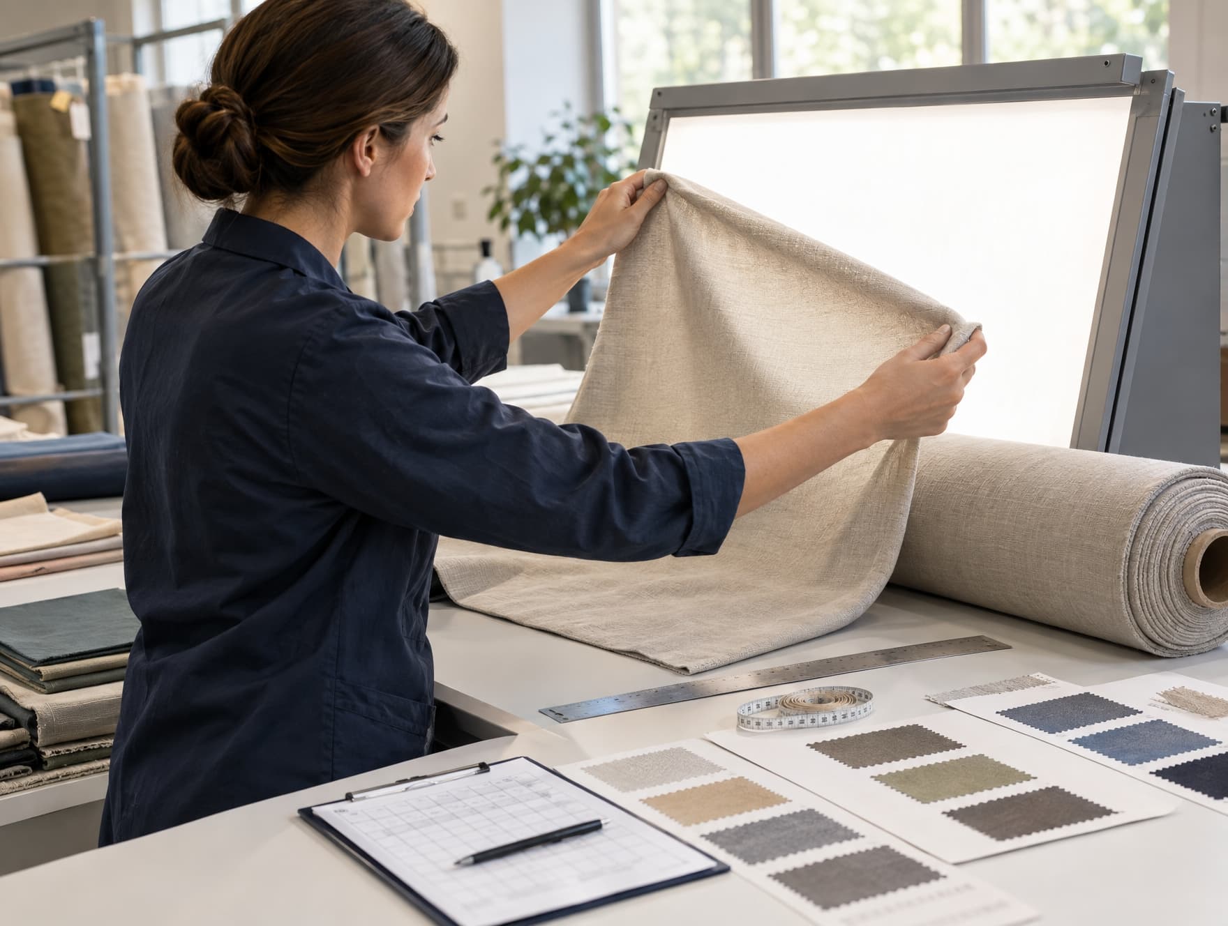 Incoming fabric being checked against specification before cutting