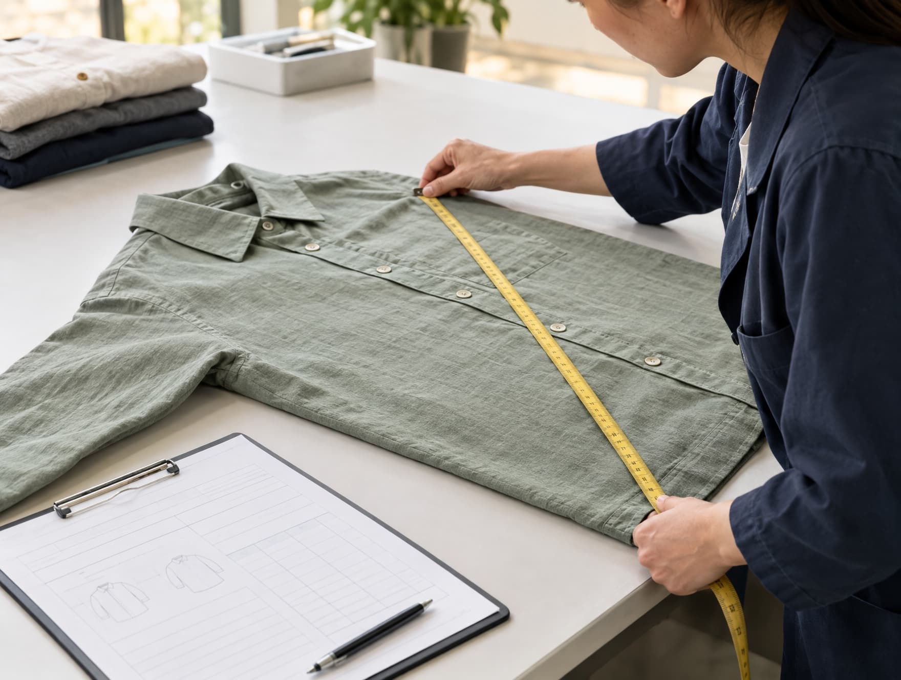 A garment being measured against a spec chart with a tape measure