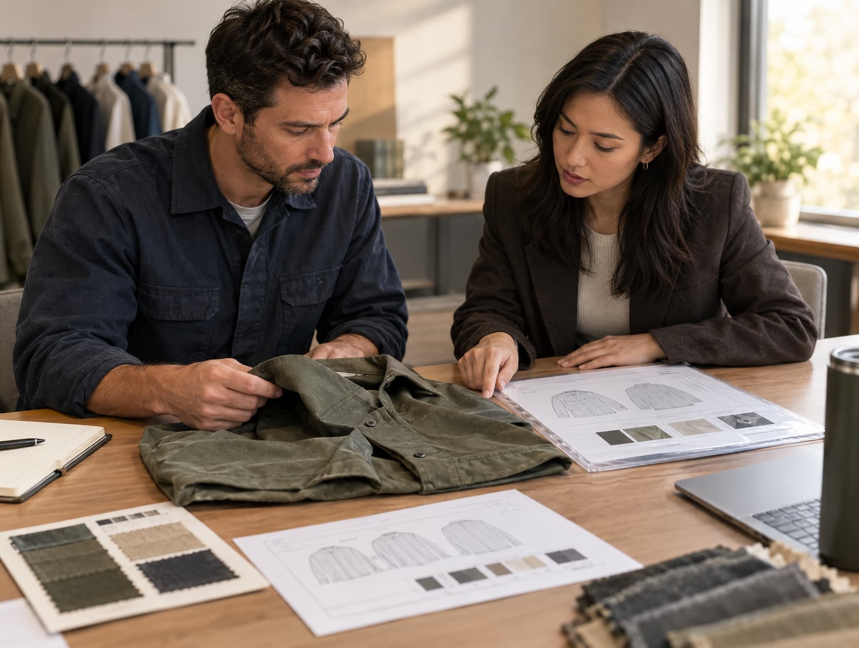 A sample, specification sheet and fabric swatch reviewed together before production